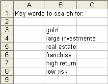 typical list of words and phrases to search for in a worksheet