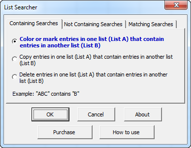 List Searcher main dialog of options to search worksheet lists