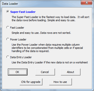 The Data Loader menu, showing the four loaders
